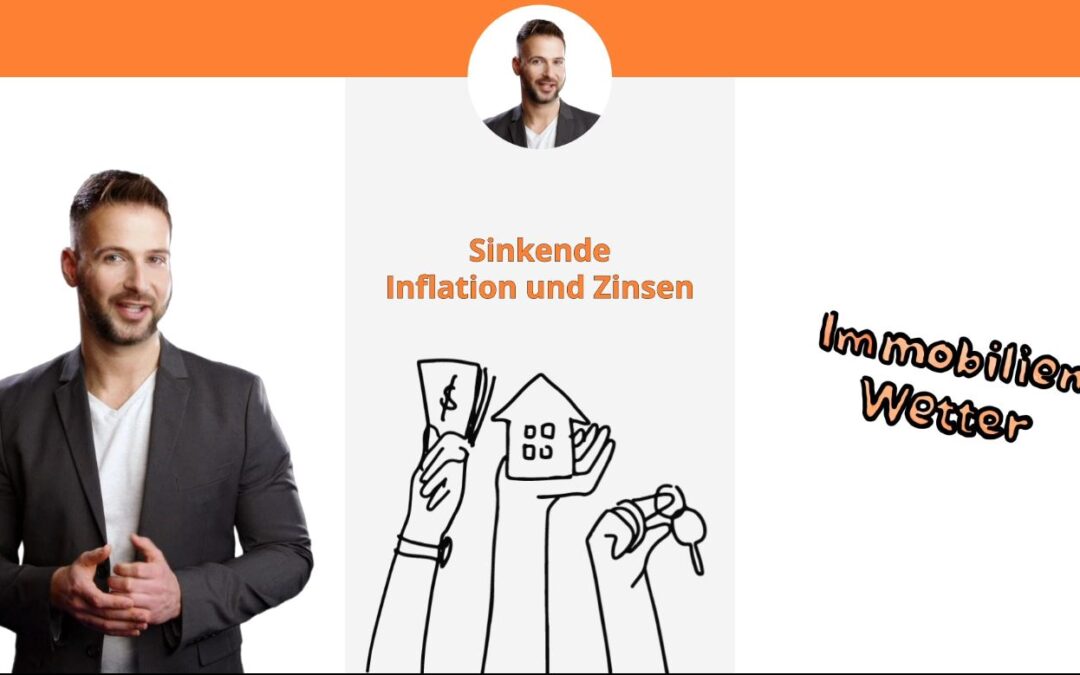 Links steht ein Mann und erklärt die Entwicklung an den Immobilienmärkten. In der Mitte ist sind Hände zu sehen, die stellvertretend für Inflation und Zinsen, Geldscheine, ein Haus und einen Schlüssel in der Hand halten