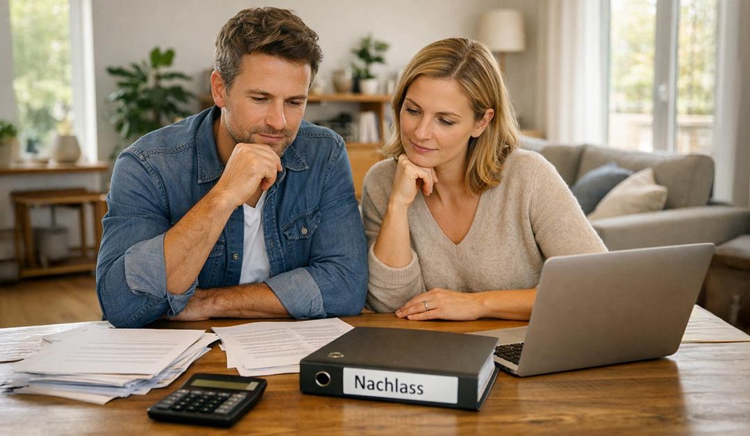 Symapthisches Paar Mitte 30 bis Anfang 40, das an einem Holztisch in einem hellen, modern eingerichteten Wohnzimmer sitzt. Vor ihnen liegen geordnete Unterlagen, ein Ordner mit der Aufschrift ‚Nachlass‘, ein Taschenrechner und ein Laptop. Beide wirken konzentriert und nachdenklich. Erbimmobilie
