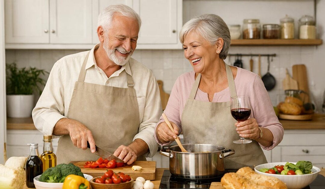 Älteres Paar kocht gemeinsam in einer hellen Küche – Sinnbild für selbstbestimmtes, altersgerechtes Wohnen im eigenen Zuhause oder in einer barrierefreien Immobilie | Barrierfreier Umbau