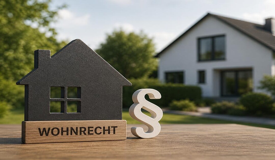 Haus-Symbol mit Schriftzug „Wohnrecht“ und Paragrafenzeichen vor Wohnhaus – Symbolbild für den Immobilienverkauf mit Wohnrecht. I Verkauf mit Wohnrecht