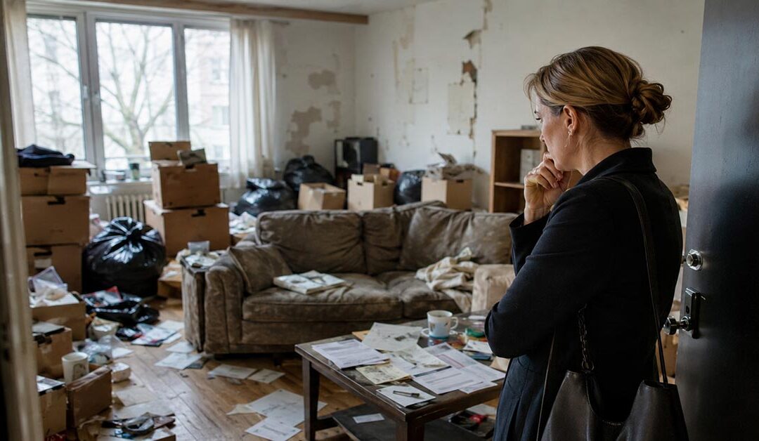 Vermieterin steht nachdenklich in einer stark verwahrlosten Wohnung mit Kartons, Müll und Schäden – Symbolbild für Mietnomaden und Vermietungsrisiken. | Immobilienvermietung