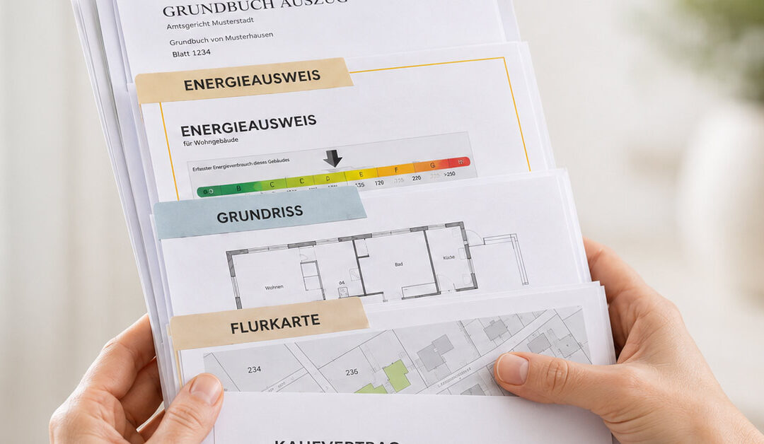 Hände halten sortierte Immobilienunterlagen wie Energieausweis, Grundriss, Flurkarte und Grundbuchauszug für den Immobilienverkauf. I Dokumente Immobilienverkauf