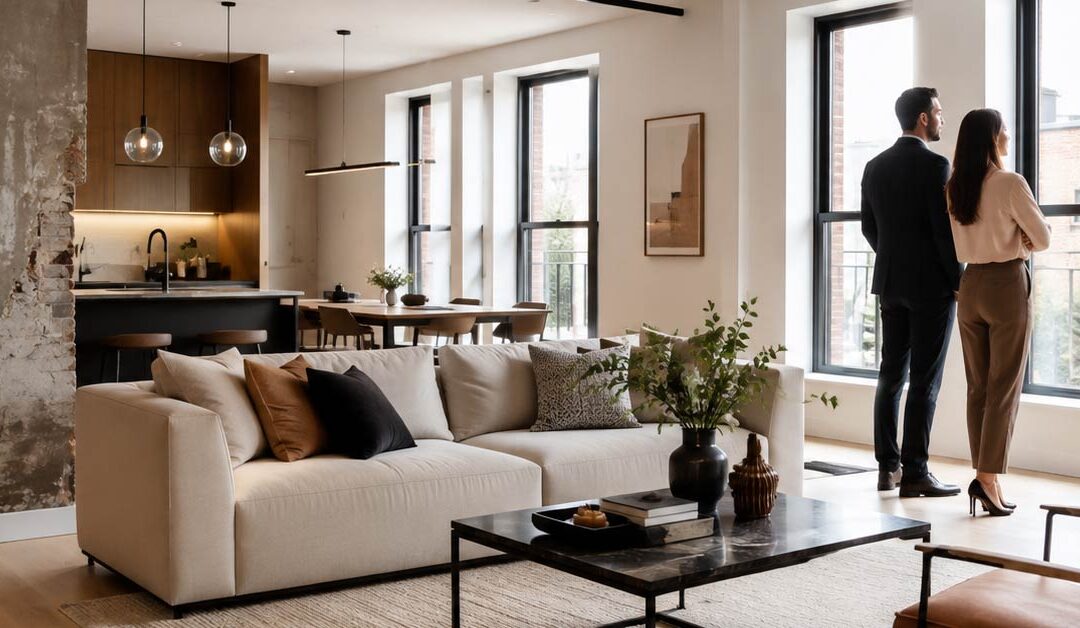 Modernisiertes Wohnzimmer mit offener Küche und einem Paar am Fenster – Symbolbild zum Thema Fix & Flip, bei dem Immobilien gekauft, renoviert und anschließend weiterverkauft werden.