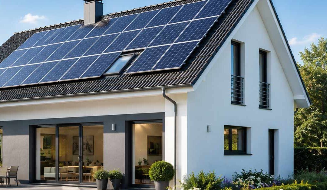 Modernes Einfamilienhaus mit großflächiger Photovoltaikanlage auf dem Dach, die zur Energieeffizienz und Wertsteigerung der Immobilie beitragen kann.