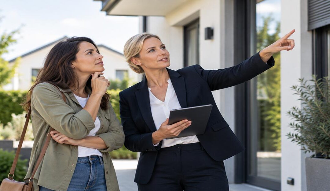 Interessentin bei einer Hausbesichtigung mit Immobilienmaklerin, die Details am Gebäude erklärt.