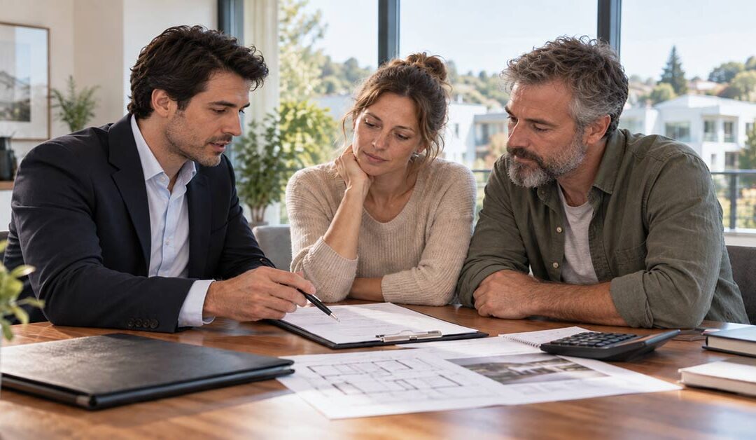 Paar im Beratungsgespräch mit einem Immobilienberater über Unterlagen zum Hauskauf und passenden Versicherungen.